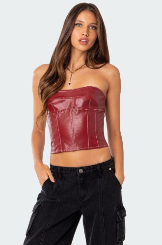 Moss Faux Leather Lace Up Corset | BURGUNDY / S