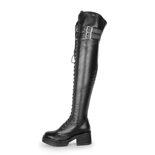 Overkneestiefel im Combat/Gothic-Style (Modell 670) Leder schwarz | 40 / Standard