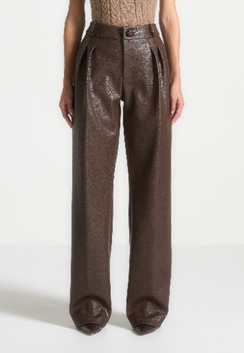 Pebbled Leather Pleated Stacked Trousers - Brown | UK 10 / Brown / WMN3995-11