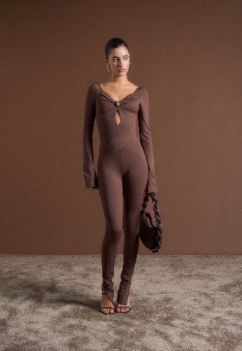 Twisted Bust Off Shoulder Jumpsuit - Brown | UK 10 / Brown / WMN4108-11