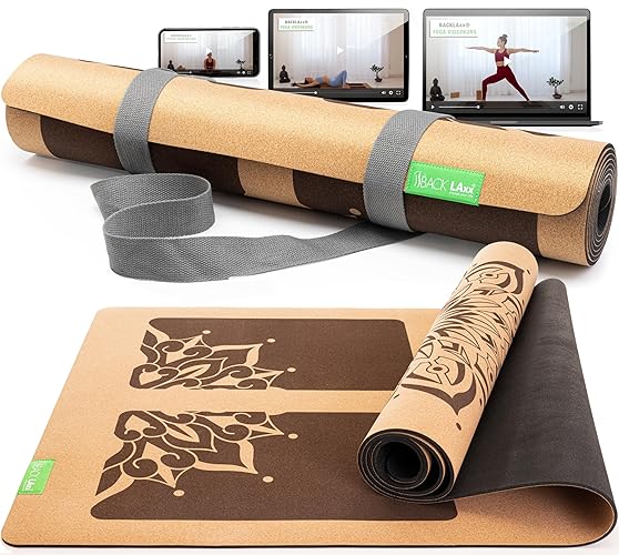 BACKLAXX ® Yogamatte Kork mit Naturkautschuk - FAZ Testsieger 11/2024 - Yoga Matte nachhaltig, schadstofffrei, Yogamatte rutschfest, Fitnessmatte mit Anti-Rutsch-Zonen inkl. Tragegurt, Turnmatte - HARMONIE EINKLANG