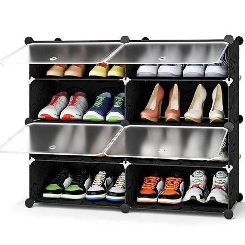 HOMIDEC Shoe Rack, 4 Tier Shoe Storage Cabinet 16 Pair Plastic Shoe Shelves Organizer for Closet Hallway Bedroom Entryway Black - Black - 2 by 4