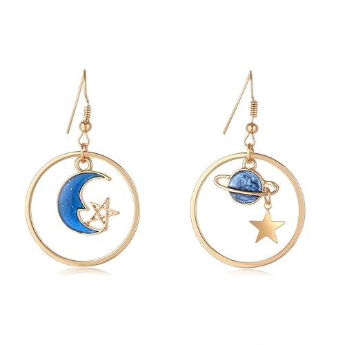 SUNSCSC Enamel Moon Star Earth Planet Drop Hook Earrings Long Pendant Dangle Jewelry for Woman - Short W756