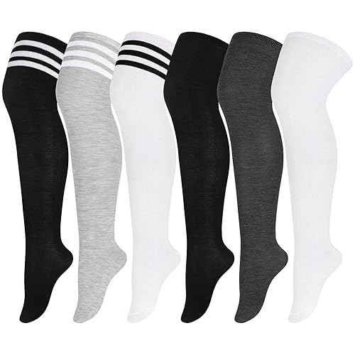 Aneco 6 Pairs Plus Size Over Knee Socks Women Warm Thigh High Stockings for Daily Use, L-XXL - X-Large - Dark Grey, Black, White, Mixed Colors