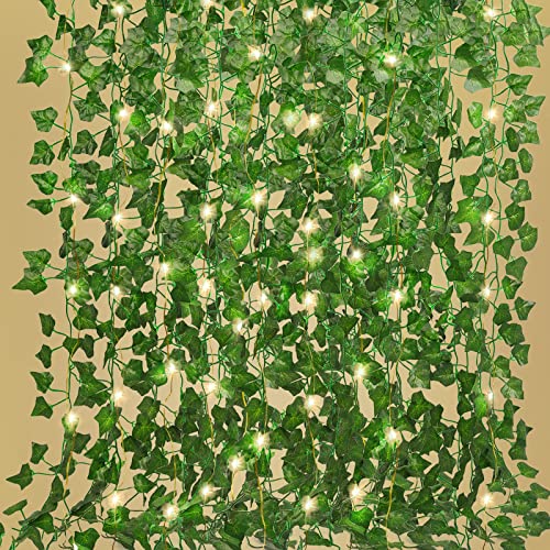 RECUTMS Artificial Ivy Fake Vines, 173 FT with 200 LED String Light, Greenery Garland Hanging Leaf Plants for Room Garden Office Wedding Wall Décor, 24 Pack - Green-24 Light