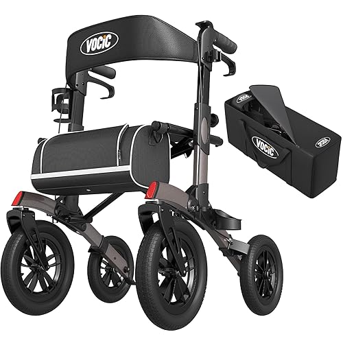 VOCIC Rollator Faltbar und Leicht mit Sitz,Outdoor Rollator mit Gummi-Nonluftbereifung für Allen Gelände,Aluminium Höhenverstellbare Rollatoren für Draußen&Langlauf&Reisen,Grau(5 Jahre Garantie) - Grau