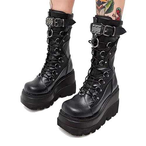 XYKHUI Womens Gothic Punk Platform Boots Chunky Wedge Heel Combat Boots Lace-Up and Zipper Round Toe Mid Calf Motorcycle Boot - 7.5 - Black