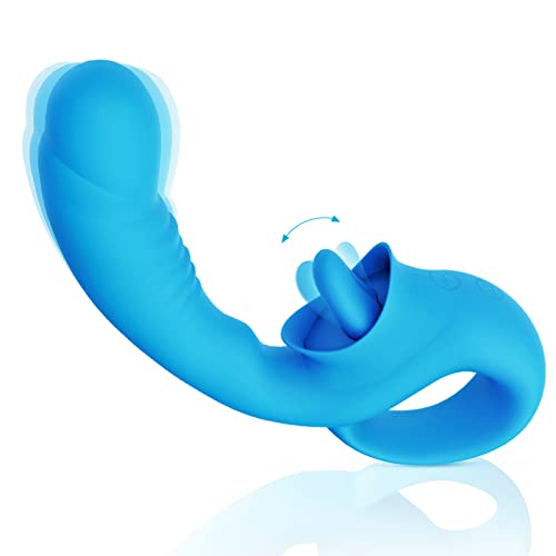 G Spot Clitoral Licking Vibrator, Silicone Dildo Clitoral Stimulator with 10 Licking & Vibrating Modes, Strapless Strap-On Dildo Vibrators for Multiple Stimulation, Adult Sex Toys for Women (Blue) - Blue