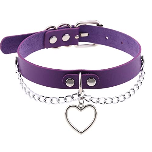 eYLun Women Leather Choker Collar Necklaces Punk Choker Goth Heart Chain Choker - Purple