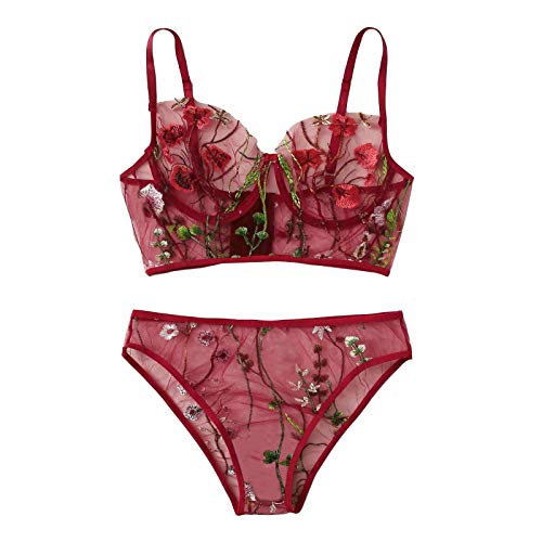 TRIGLICOLEUM Erotische Dessous Damen Unterwäsche mit Blumenstickerei Nettogarn Perspektive Bustier Sexy Rückenfreies Korsett Oberteil Zweiteilige Reizwäsche Einfarbige Hose + Rückenverschluss BH - Wein - M