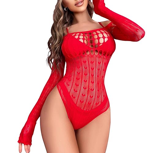 Famstar Sexy Lingerie For Women Naughty Sparkle Rhinestone Fishnet Lingerie Set Teddy Erotic Mesh Rave Outfit - Red Bodysuit2 - One Size