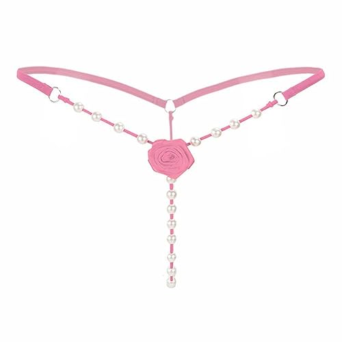 Women's Pearl T Back G String Embroidery Rose Flowers Beaded Thong Panty Underwear Sexy Micro Underpant - X-Large - Pink