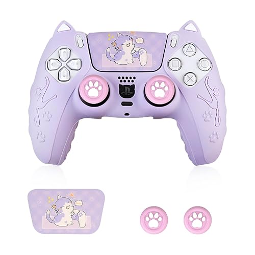 Rigych PS5 Controller Skin, Anti-Slip Controller Cover Case with Thumb Grip Caps for PlayStation 5 DualSense Wireless Controller (Purple) - Purple