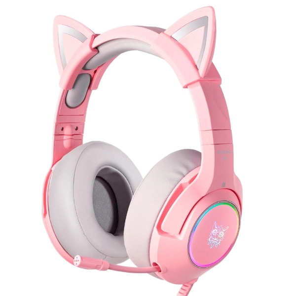 Headset Gamer Gatinho Onikuma K9, LED, Cancelamento de Ruído, USB, P2, Rosa - K9-3.5-PINK