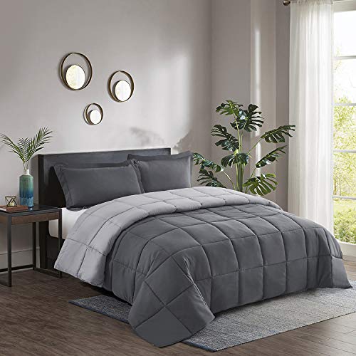 HIG 3 Piece Gray Reversible Duvet Double 200cm x 200cm - Coverless Duvet with Baffle Box Design - 10.5 Tog Down Alternative Comforter Set with 2 Shams - Corner Duvet Tabs - Machine Washable & Durable - Light Grey/Dark Grey - Double Duvet Set