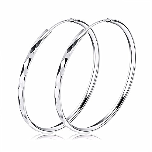 Josfeva Silver Hoop Earrings for Women, 925 Sterling Silver Twist Hoops Earrings, Hypoallergenic Large Round Circle Huggie Hinged Big Hoop Earrings With White Gold Plated, Gift for Women Girls - Silver - 50mm