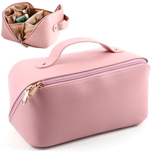 MAMUNU Large Capacity Cosmetic Bag Travel Cosmetic Storage Bag with Handle Portable Zipper Cosmetic Bag Toiletry Bag Makeup Bag Large with Compartments for Women Girls (Pink) - Pink