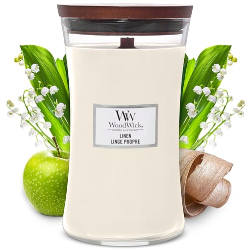 WoodWick Scented Candle, Linen Large Hourglass Candle, with Crackling Wick, Burn Time: Up to 130 Hours, Scented Candles Gifts for Women