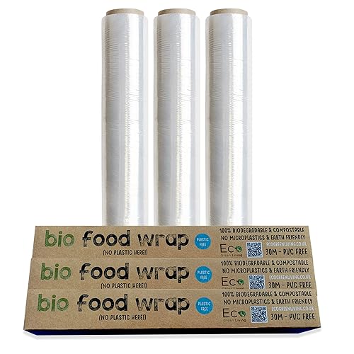 Eco Green Living Cling Film 30cm, Extra Strong, Lightweight and Heavy Duty Food Wrap, Plastic Free Cling Wrap for Food Packaging and Storage 30m, 3 Rolls - 3 pack - Auto