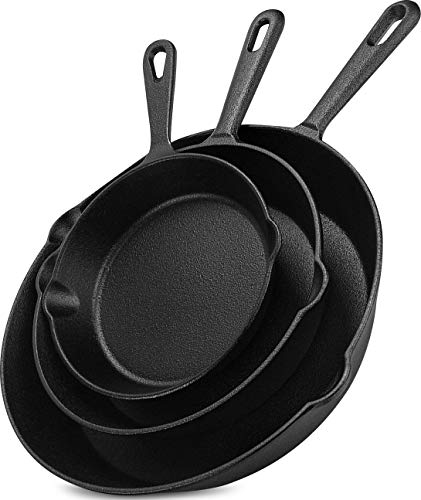 KICHLY 3 Pcs Cast Iron Cookware Set 25 cm, 20 cm and 15 cm, Pre-Seasoned Cast Iron Pan for Indoor and Outdoor, Oven Safe Cast Iron Cookware Skillet Pan Set (Black) - Black