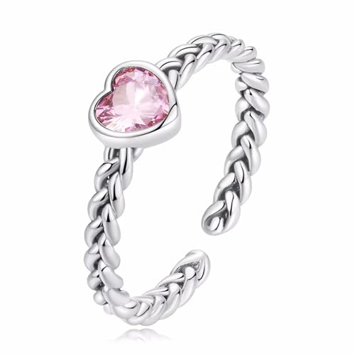 Qings 925 Sterling Silver Love Heart Adjustable Ring Pink Heart Cubic Zirconia Open Engagement Rings Weave Stackable Rings Anniversary Birthday Jewelry Gifts for Women Girls - Pink