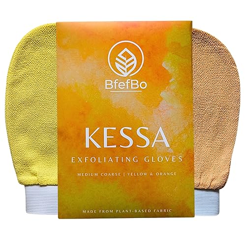 BfefBo Body Exfoliating Glove, Bath & Shower Mitt, Body scrub, Exfoliator, Plant based, Plastic free (Yellow Orange) - Yellow Orange