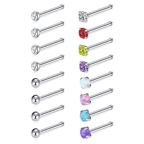 D.Bella 18G Nose Studs Rings Surgical Steel Nose Stud Rings L Shaped CZ Opal Nose Piercing Jewelry for Women Men - Style C: 16PCS-Nose Pin Style 2