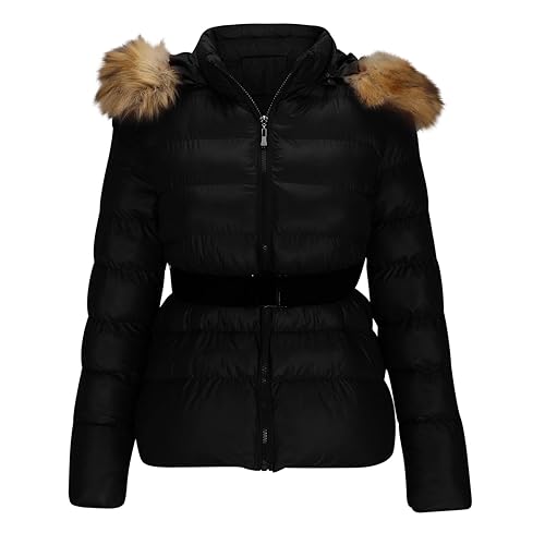 Zeiayuas Women's Hooded Winter Coat Waterproof Warm Long Puffer Jacket Parka Jacket with Belted Ladies Faux Fur Trim Hooded Jacket Puffer Quilted Long Sleeve Knee Length Outerwear UK - XXL - #03 Black