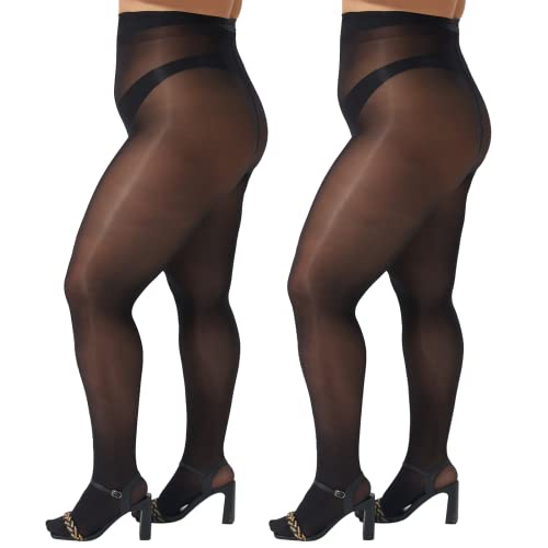 MANZI 2 Pairs Women's Plus Size Shiny Tights Oil Shimmer Sheer Pantyhose High Waist Nylon Stockings - 3XL-4XL - Black