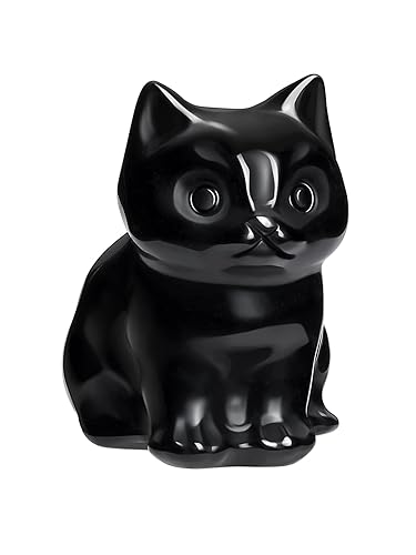 CrystalTears Black Obsidian Healing Crystal Cat Figurine Carved Gemstone Lucky Cute Stone Cat Statue Ornament for Home Office Desk Decor Mini Crystal Cat Gifts for Women Men Christmas 1.5” - Black Obsidian