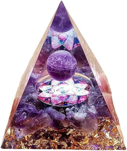 Moonstone Crystal Orgone Pyramid - Amethyst Ball Lotus - Ogan Crystal Energy Tower - Nature Reiki Healing Chakra Crushed Stone Jewelry - 5cm - Amethyst Ball - Lotus