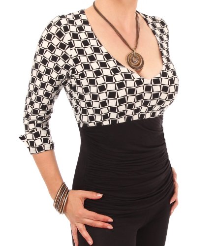 Blue Banana Women's Printed V Neck 3/4 Sleeve Stretchy Ruched Top - 16 - Black and Ivory