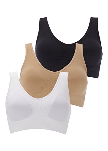Boolavard The Ultimate Comfort Bra. Seamless Support Comfort Sport Stretch Action Leisure Black White - XXL - 3 Pack Black, White, Beige