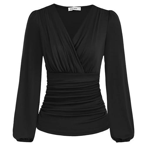 GRACE KARIN Women Tops V-Neck Long Sleeve Ruched Tunic Blouses Casual Top Shirts - Black - XXL