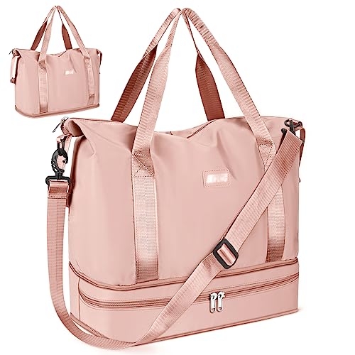 CS COSDDI Travel Duffel Bag, 29L Weekend Bag with Trolley Sleeve, Dry & Wet Seperated Sports Gym Bag Waterproof Bag Carry On Bag for Women Men Weekender Tote Bag Hospital Bag Cabin Bag - #01 Pink