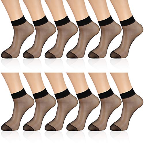 12 Pairs Sheer Ankle Socks Thin Nylon Transparent Ankle High Hosiery Socks Short Dress Stockings for Women Girls - L - Black