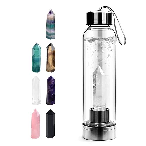 Tyuodna Crystal Quartz Glass Water Bottle, Healing Gemstone Bottle 550ml (Clear Crystal) - Clear Crystal+bottle