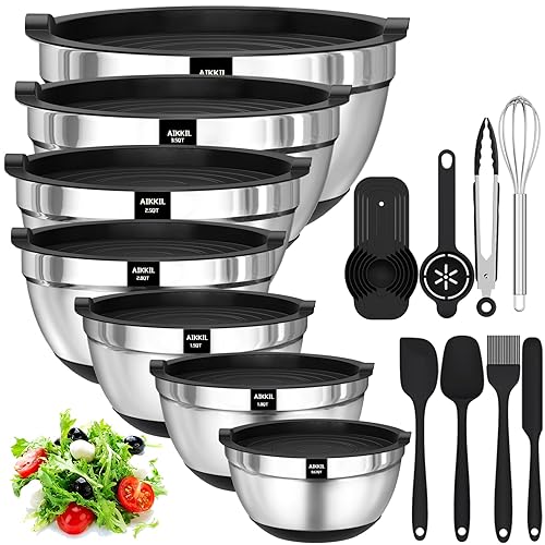 AIKKIL Mixing Bowls with Airtight Lids, 20 piece Stainless Steel Metal Nesting Bowls, Non-Slip Silicone Bottom, Size 7, 3.5, 2.5, 2.0,1.5, 1,0.67QT Great for Mixing, Baking, Serving (Black) - Black