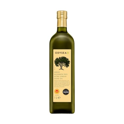 Odysea PDO Kalamata Extra Virgin Olive Oil, Glass Bottle (1 Litre) - Aromas reminiscent of citrus, fresh cut grass and tomatoes on the vine - 1 l (Pack of 1)