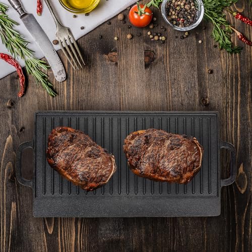ALBERT AUSTIN Non-Stick 16" Cast Iron Reversible Griddle Plate/Pan | Grill BBQ Double Sided | Ideal for Grilled Egg, Bacon & Healthy Cooking