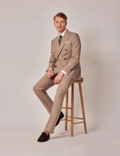 Brown Check Double Breasted 2 Piece Linen Tailored Suit | Hawes and Curtis