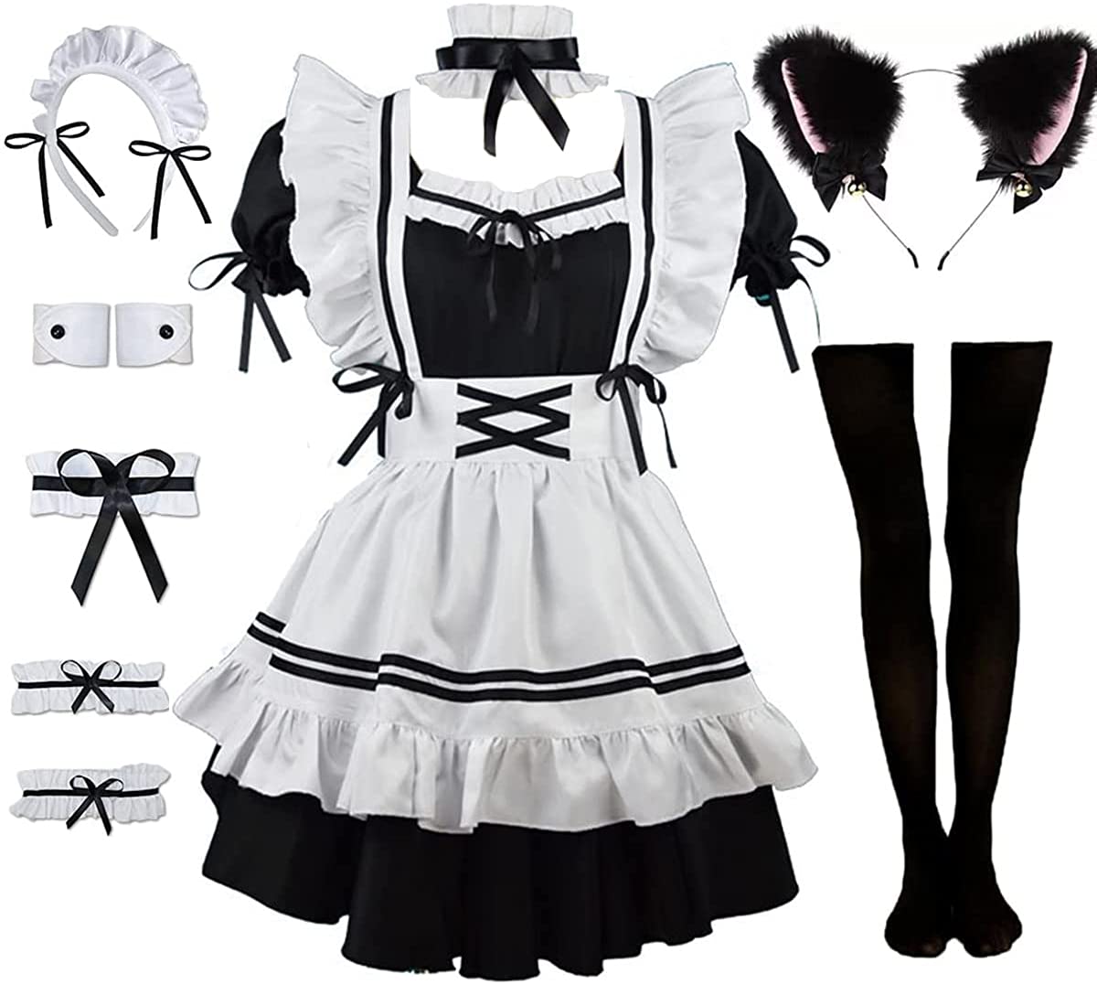 Rickem Ladies Anime Cosplay French Black white bow Apron Dress Halloween Makeup Costume 8PCS Set - 4X-Large Black