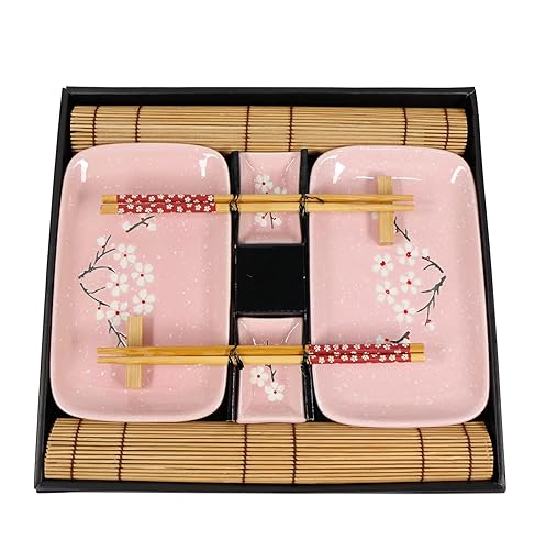 Exzact 10 Piece Sushi Trays/Tableware - 2 x Plates, 2 x Diving Bowls, 2 x Bamboo Base Mat, 2 x Chopsticks Holders, 2 x Pairs of Chopsticks - Gift Box - EX-SG - Pink