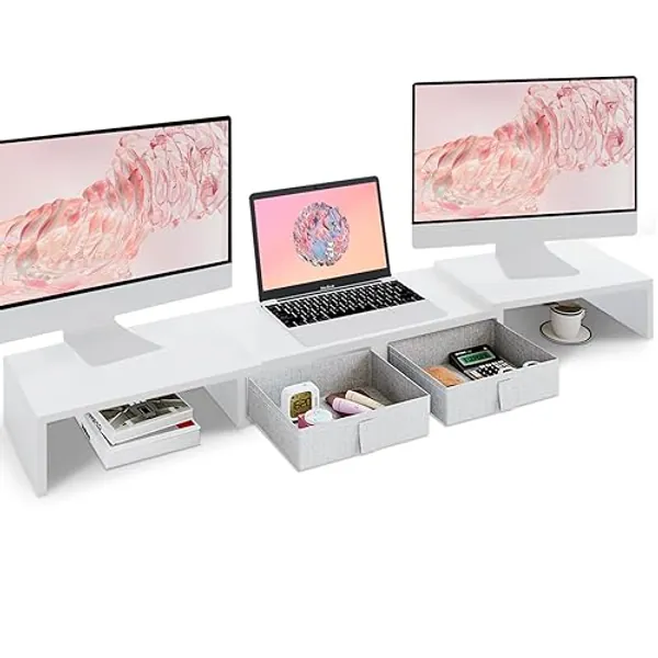 TEAMIX Dual Monitor Stand Riser - Length and Angle Adjustable White Monitor Stand with 2 Drawers to Storage Large Computer Riser for 2 Monitors/Laptop/PC, Wood Screen/TV Stand Desk Organizer