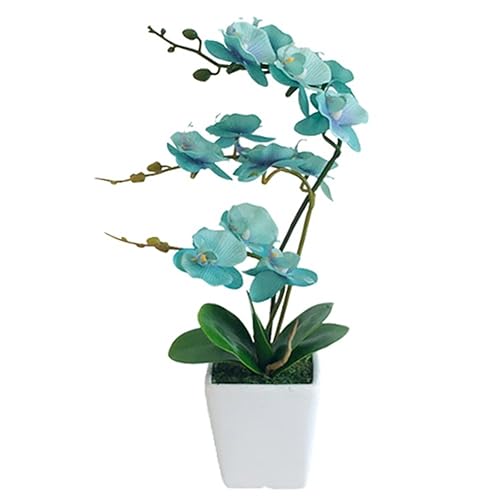 YSZL 15 Inches Tall Artificial Silk Phalaenopsis Orchid Flower Plant Pot Teal Arrangements (Golden Blue) - Golden Blue