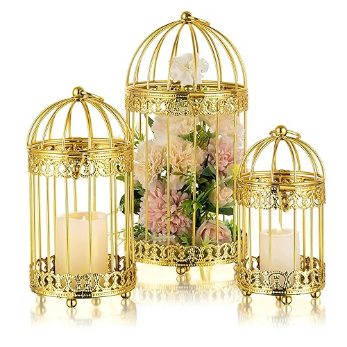 NUPTIO Decorative Candle Lanterns Gold: 3 Set of Tiered Metal Birdcage Lantern Centerpiece Stand Vintage Moroccan Style Brass Pillar Candle Holder for Christmas Weddings Birthday Party Table Decor - SML - 3 pcs - Gold