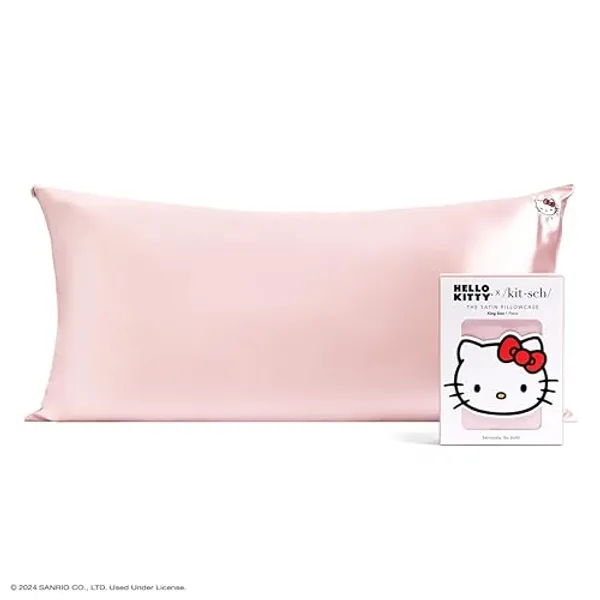 Kitsch Hello Kitty Satin Pillowcase with Zipper for Hair, Softer Than Silk Pillow Cases King, Cooling Pillow Covers, Machine Washable Wrinkle-Free, Satin Pillow Cases King 19x36, Solid Pink Kitty Face