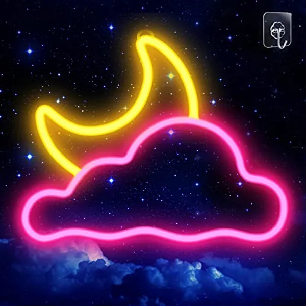 JTLMEEN Neon Sign - Cloud and Moon Led Neon Light, Neon Lights Sign for Wall Decor USB Powered Led Neon Signs for Bedroom Kids Room Wedding Party Decoration, Brightness Adjustable (Pink & Yellow)