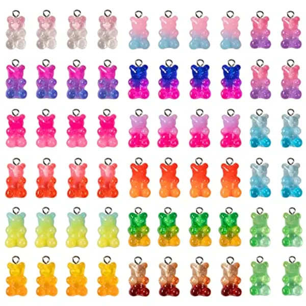 60pcs Gradient 3D Gummy DIY Bear Charms- Resin Bear Shaped Clay Pendants in 15 Colors Earring Bracelet Nacklace DIY Jewelry Making Pendants Nail Art Accessory for Children Adults DIY Handmade Crafting