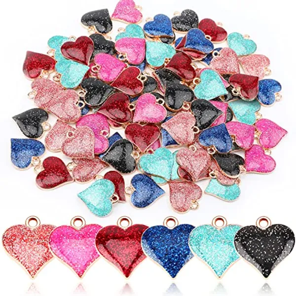 SANNIX 90Pcs Valentine's Day Charms with 150Pcs Jump Rings, Heart Shape Enamel Gold Charms Glitter Heart Charms Necklace Bracelet Earring Pendants for DIY Jewelry Making Crafts Supplies, 6 Colors